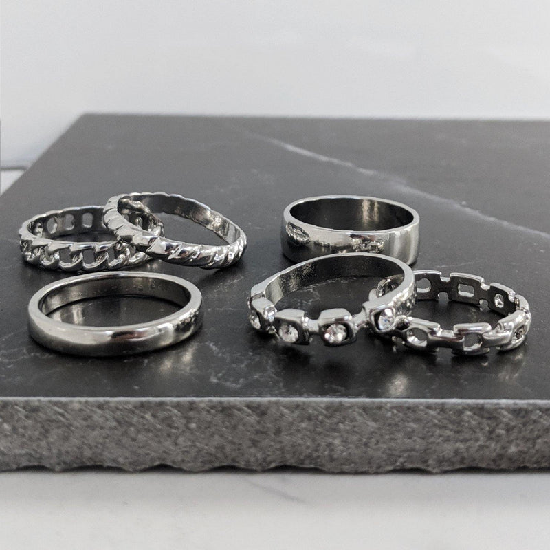 Silver Multi-Design Band Rings 6 Pack