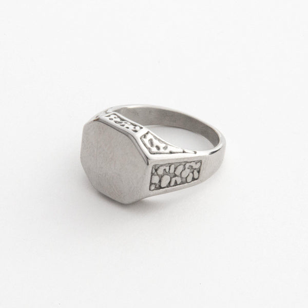 Engraved Silver Signet Ring In Stainless Steel