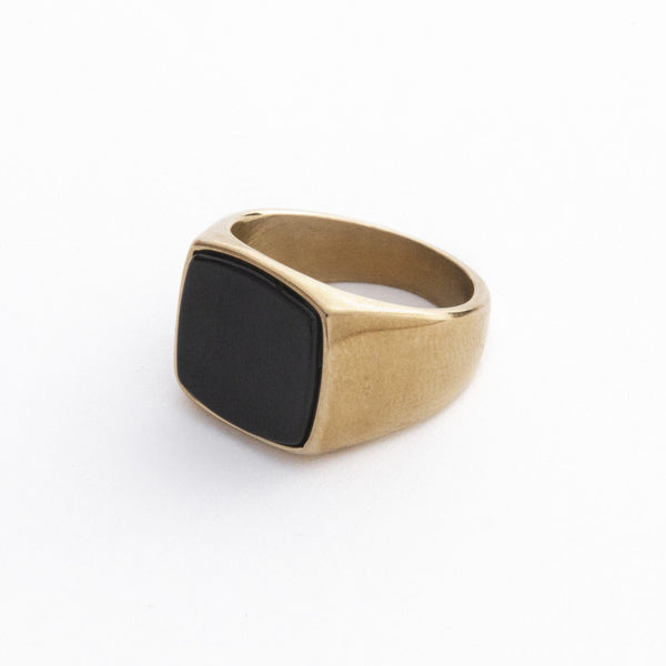 Gold Signet Ring With Black Stone In Stainless Steel - 18K real gold
