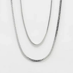 Flat Snake Chain and Box Chain Necklace In Silver - Pack of 2
