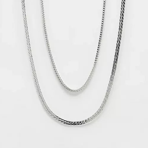 Flat Snake Chain and Box Chain Necklace In Silver - Pack of 2