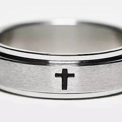 Lost Souls - Spinning Band Ring With Engraved Cross In Platinum Stainless Steel