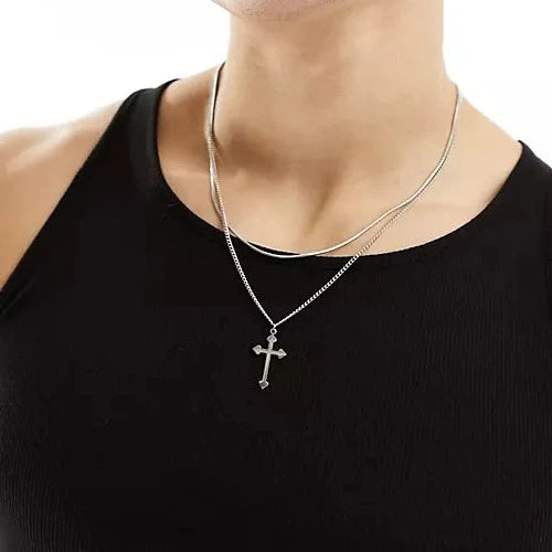 Lost Souls - Layered Cross Necklace In Platinum Stainless Steel