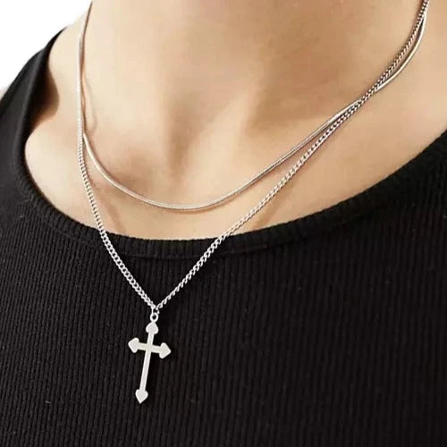 Lost Souls - Layered Cross Necklace In Platinum Stainless Steel