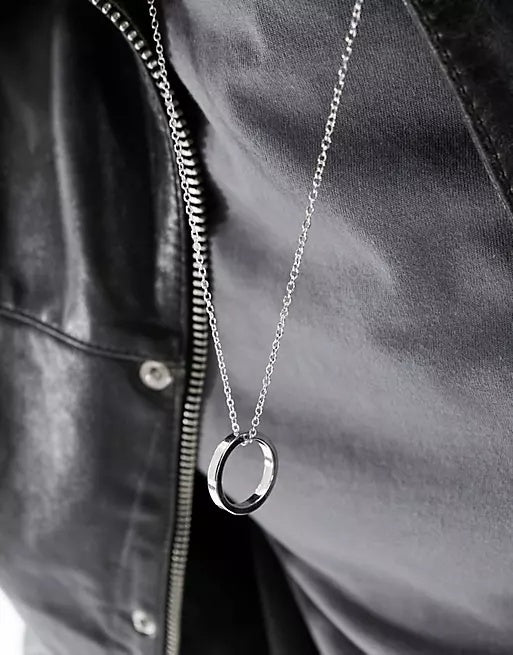 Ring Pendant Longer Length Necklace In Silver
