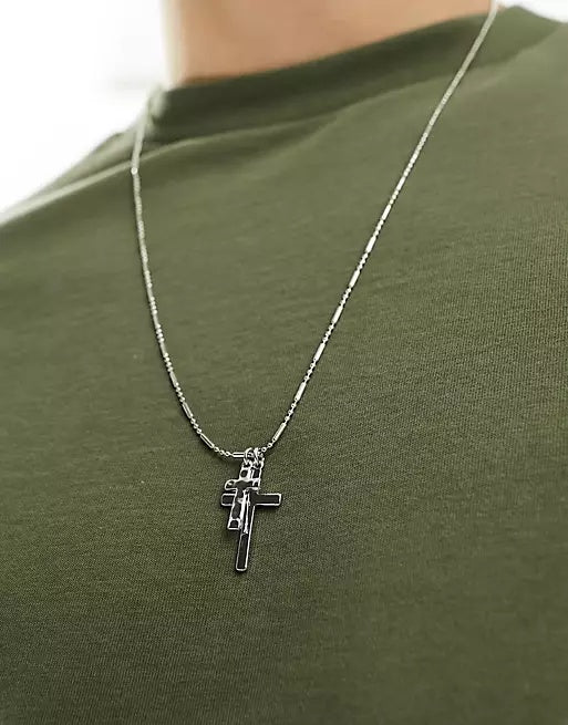 Double Cross Pendant Necklace In Silver