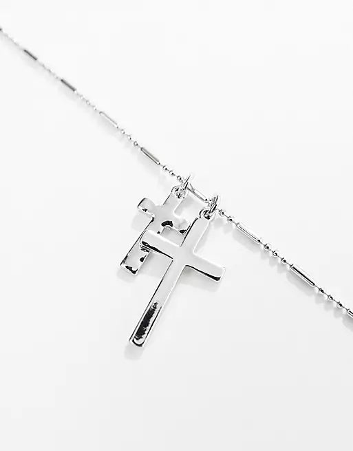 Double Cross Pendant Necklace In Silver