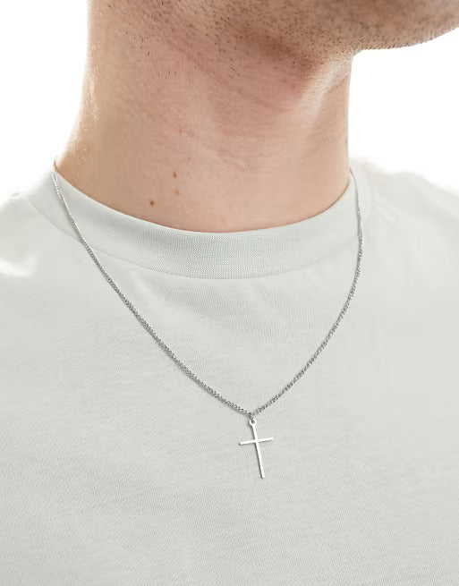 Lost Souls Thin Cross Pendant Necklace in Stainless Steel
