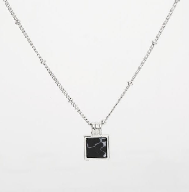 Black Stone Pendant Necklace in Silver