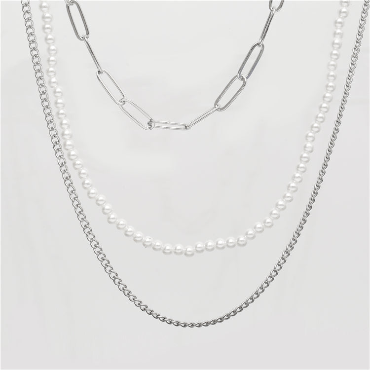 Pack of 3 Pearls and Chains Necklaces in Silver