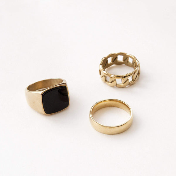 Gold Signet Ring & Band Ring Set in 3-Pack