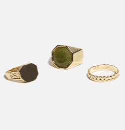Green Signet & Band Rings In 3 Pack