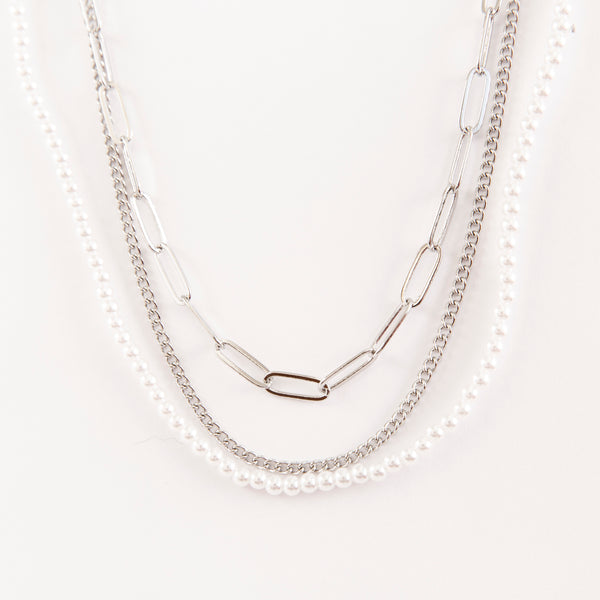 Pack of 3 Pearls and Chains Necklaces in Silver