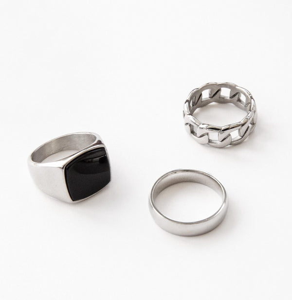 Signet & band ring 3-pack in silver stainless steel