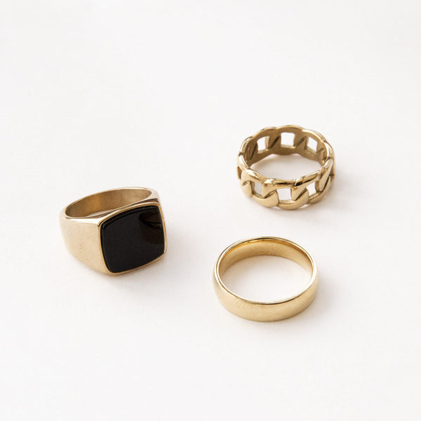 Signet & band ring in 3-pack in gold stainless steel