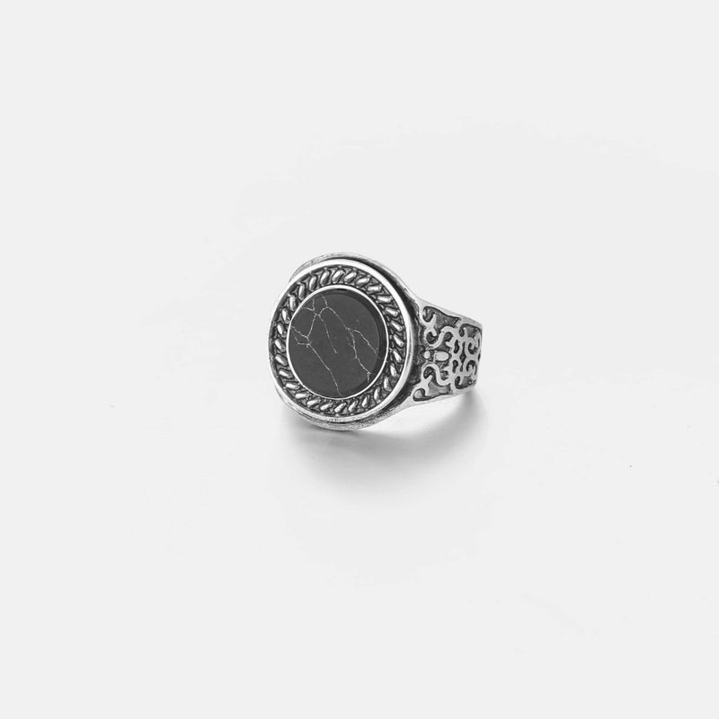Black Marble Signet Ring In Antique Silver