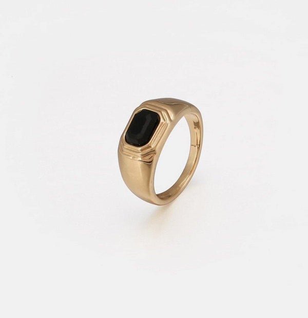 Black Cut Glass Signet Ring in Gold