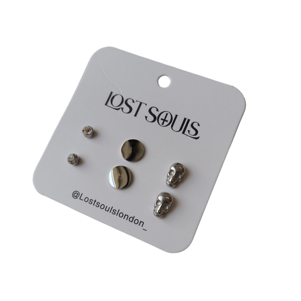 Lost Souls - 3 Pack Stud Earrings in Silver Stainless Steel