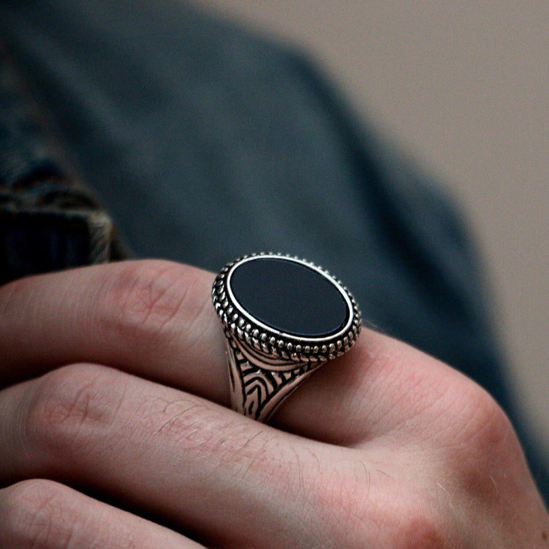 Signet Ring With Black Resin In Antique Silver