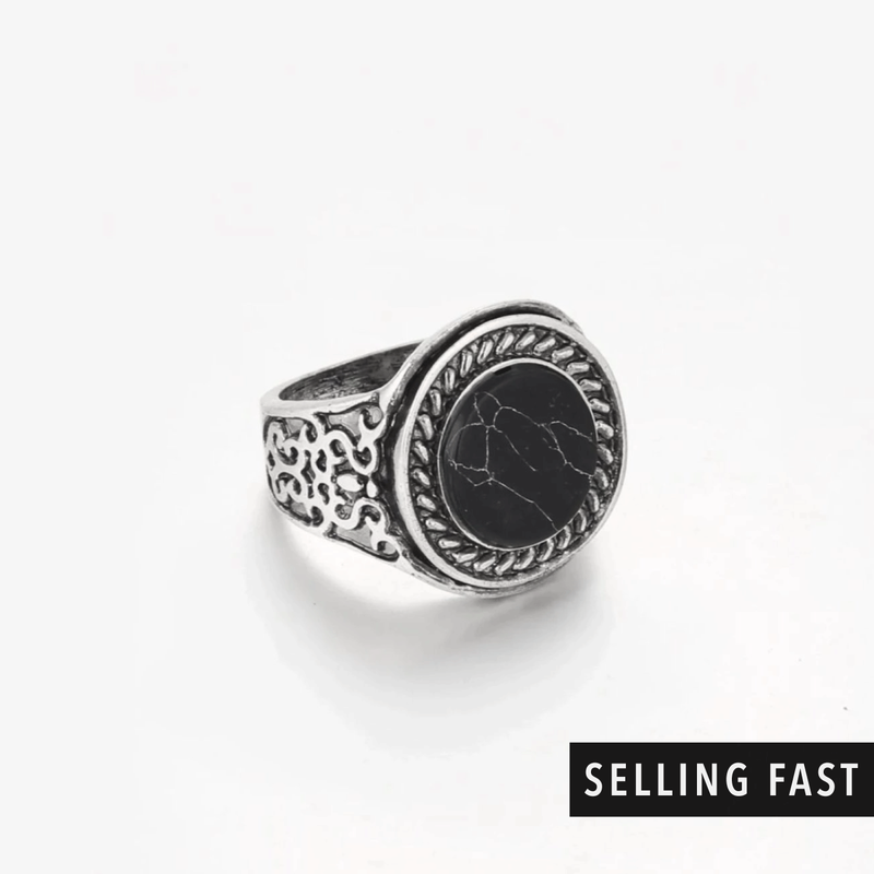 Black Marble Signet Ring In Antique Silver
